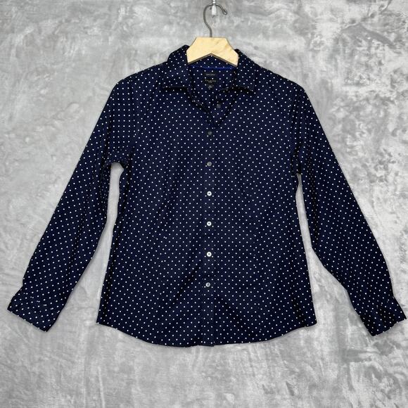 Talbots Shirt Womens 10P Navy Polka Dot Long Sleeve Button Up Wrinkle Resistant - Picture 2 of 9